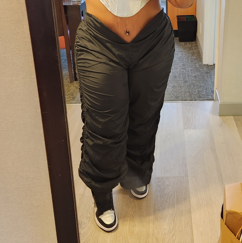 Vain Ruched Stacked Parachute Joggers Pant - Black